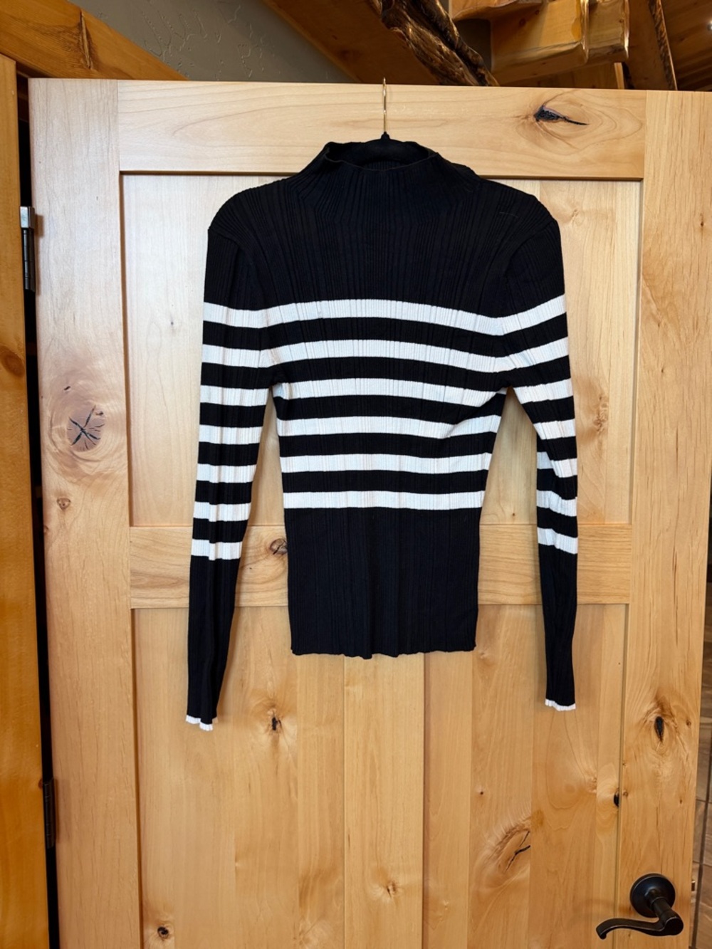 White House Black Market Ribbed Mockneck Sweater, Black and White Stripe, Size L